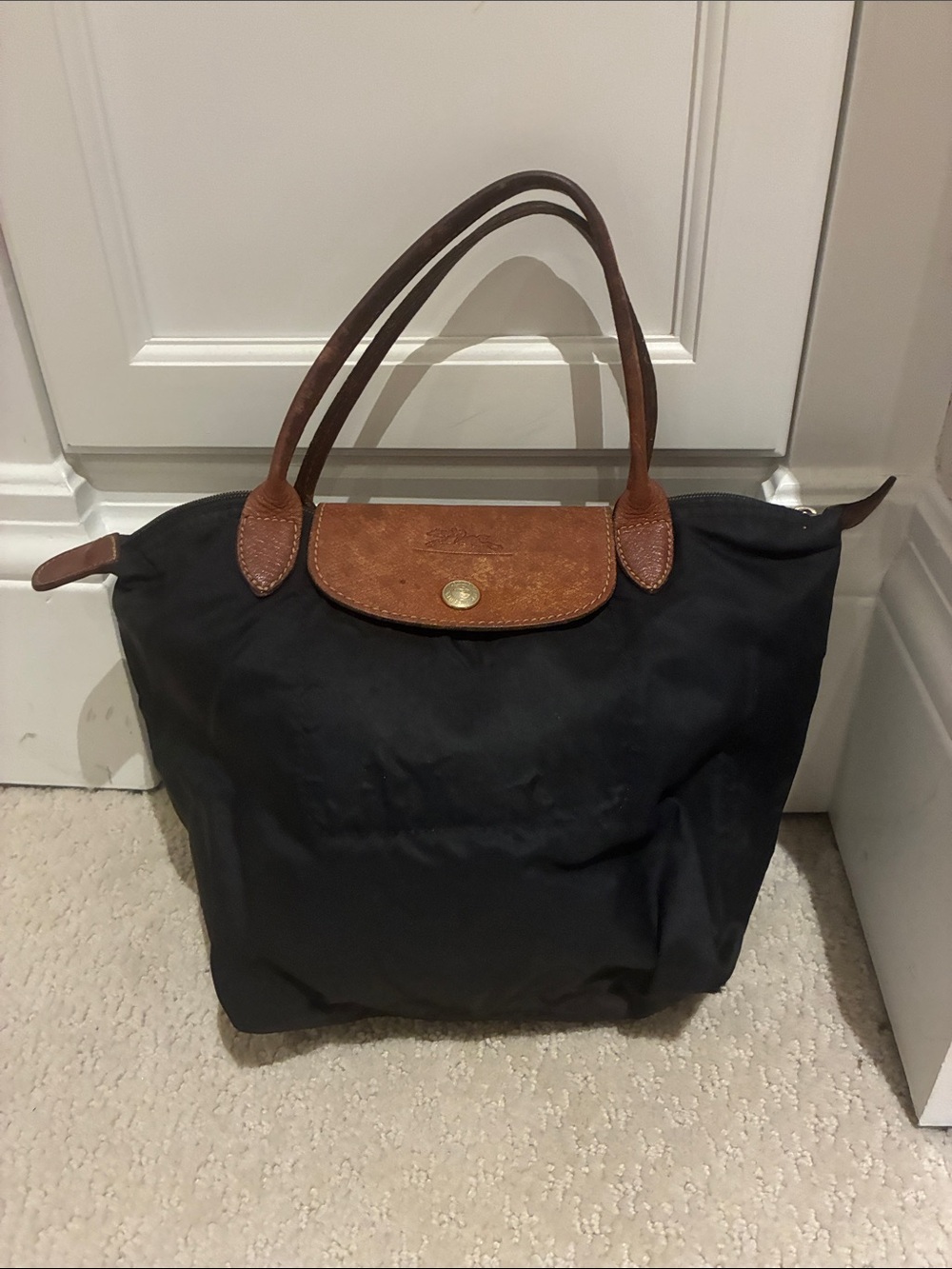 LONGCHAMP Le Pliage Original Small Tote Bag Black Nylon Leather Trim👝